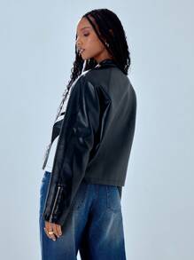 MUSERA Contrast Slogan Stand Collar Racer Jacket Winter Evening - Multicolor - View 5