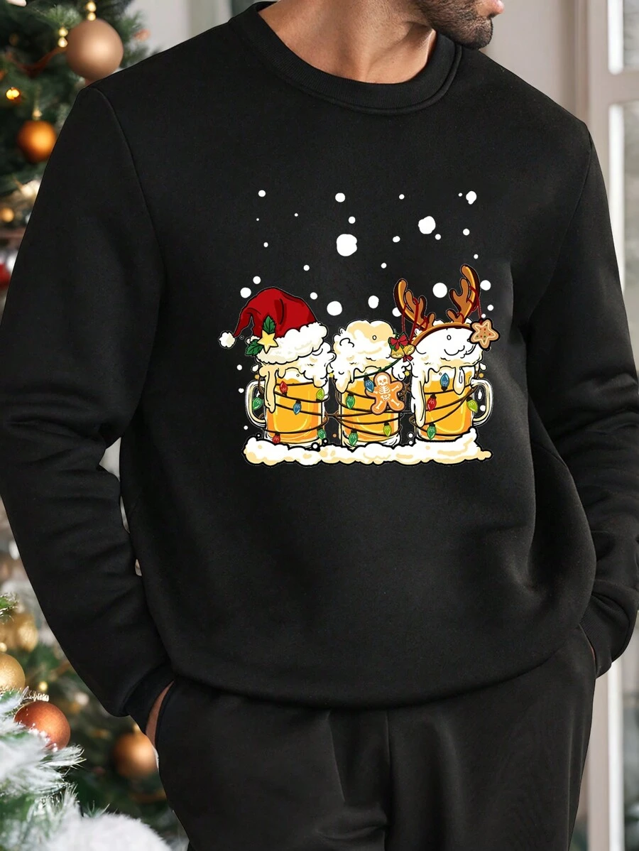 Manfinity Homme Plus Size Men's Black Crew Neck Pullover Sweatshirt, Christmas - Black - View 1