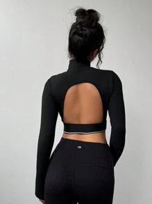 SHEIN BASICS 女士休闲纯色针织高领长袖镂空后背短款上衣 - 黑色 - 查看 6