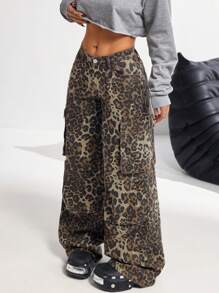 SHEIN PETITE Pantalones vaqueros de cintura baja y pierna ancha sexy para mujer, pantalones cargo de algodón con estampado de leopardo