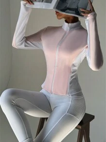 SHEIN Yoga Sports Patchwork Ribbed Jacket, Minimalist Fashion Casual Daily Wear - Pink - View 7