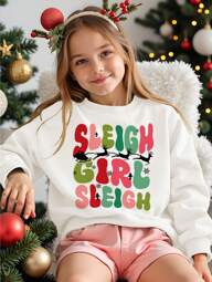 SHEIN Christmas Sleigh Girl Deer Print Crew Neck Thick Sweatshirt For Tween Girls, Suitable For Autumn And Winter