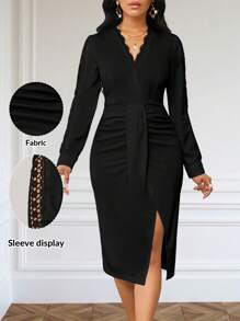 SHEIN Lady Dresses Wedding Guest Dress Lace Contrast Ruffle Wrap Spring Summer Autumn Long Sleeve Slim Women's Dress