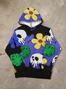 Manfinity EMRG 男士休闲拼色花卉和骷髅印花羊毛连帽衫，秋冬款