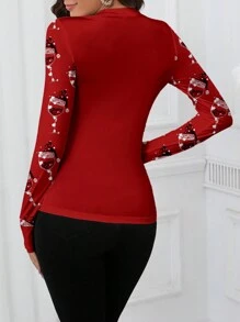 SHEIN Clasi Świąteczna, swobodna czapka Mikołaja i wzór kieliszka do wina, dopasowana koszulka z długim rękawem, góra odpowiednia na jesień/zimę