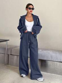 DAZY Women's Solid Color Drop Shoulder Long Sleeve Zipper Front Drawstring Hooded Sweatshirt And Sweatpants Casual Suit Set, Autumn,Women Two Piece Sets