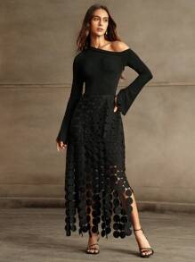 Anewsta 性感修身高腰镂空流苏长袖连衣裙超长款女装