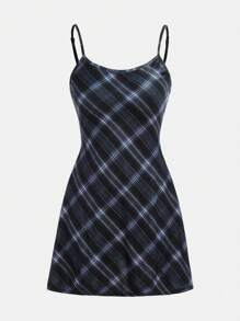 SHEIN Girlism Abito tubino aderente stile vintage college in cotone blu navy con motivo check, abito midi casual a quadri - Blu Navy - Visualizzare 1