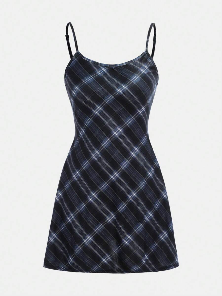 SHEIN Girlism Abito tubino aderente stile vintage college in cotone blu navy con motivo check, abito midi casual a quadri - Blu Navy - Visualizzare 1
