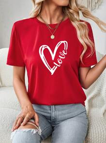 SHEIN Essnce Heart & Letter Combination Graphic Casual Loose Fit Crew Neck Short Sleeve Women T-Shirt - Red - View 3