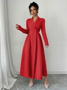 Elenzga 女士优雅端庄通勤长袖立领前扣腰修身纯色连衣裙新年衣服长款女装 - 紅色 - 查看 1