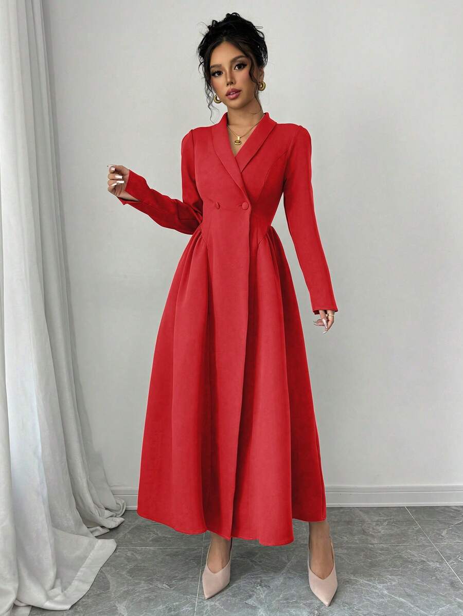 Elenzga 女士优雅端庄通勤长袖立领前扣腰修身纯色连衣裙新年衣服长款女装 - 紅色 - 查看 1