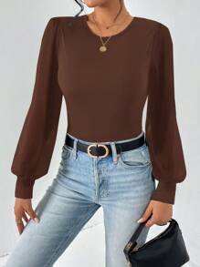 SHEIN Essnce Women Solid Color Round Neck Long Sleeve Casual Bodysuit, Slim Fit - Coffee Brown - View 4