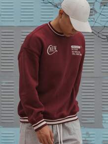 DAZY Men's Solid Color Patchwork Round Neck Long Sleeve Letter Print Pullover Sweatshirt, Fall Clothes - Red - View 7