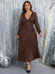 SHEIN Clasi 加大码女式深 V 领长袖侧开衩下摆闪亮亮片缀饰连衣裙长款女装 - 咖啡棕 - 查看 5