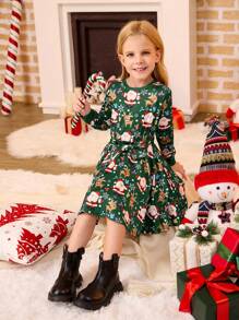 Váy chữ A dài tay ôm dáng cho bé gái, họa tiết người tuyết dễ thương, bông tuyết, ông già Noel, tuần lộc, in bất đối xứng, ấm cúng, thanh lịch, váy chui đầu cổ tròn, phù hợp cho mẹ và con gái - màu xanh lá - Xem 5