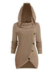 SHEIN LUNE Felpa con cappuccio e maniche lunghe da donna, con orlo asimmetrico, design casual e morbido, con dettaglio a bottone, adatta per l'autunno/inverno