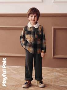 SHEIN 2 Pcs Young Boys Sets Plaid Splicing Fleece Collar Jacket & Sweatpants Cute/Retro/Casual/Home/Outdoor Winter/Fall Outfits - Multicolor - View 5