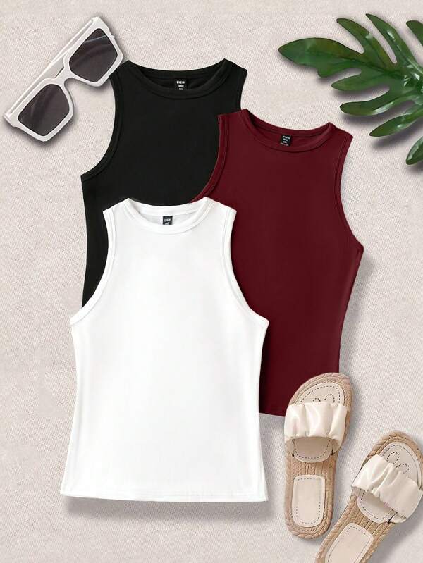 SHEIN LUNE Plus Size Cor Sólida Gola Redonda Sem Mangas Regata Minimalista, Casual Uso Diário