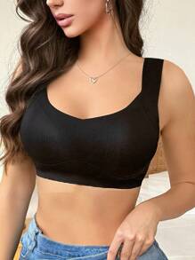 Women Plain Ribbed Casual Comfortable Bra - Black - View 3