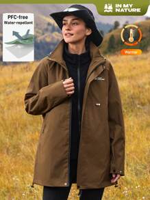 In My Nature 女士休闲日常拉链连帽户外雨衣夹克，秋季 - 棕色 - 查看 1