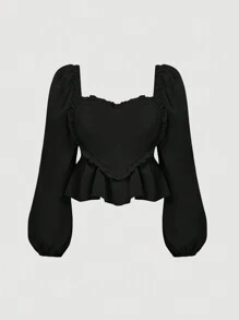 SHEIN MOD Plus Size Vintage Red Heart-Shaped Ruffle Long Sleeve Shirt - Black - View 1