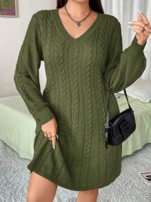 Vibekara 大码时尚泡泡袖 V 领粗针织毛衣连衣裙，冬季 - 軍綠色 - 查看 4