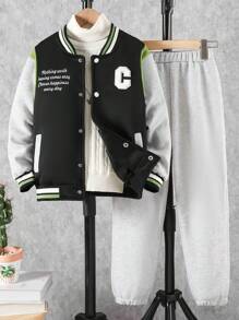 SHEIN Tween Boy Embroidered Letter Long Sleeve Baseball Jacket And Pants Casual Suit, Autumn/Winter - Multicolor - View 4