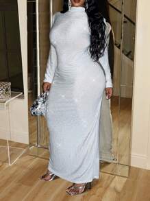 Slaydiva 新款感恩节服装，女士高领长袖露背闪亮正式派对长裙 - 杏色 - 查看 2