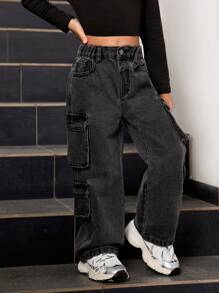 SHEIN Explorewe 年轻女孩复古风格实用工装口袋休闲舒适百搭宽松牛仔裤