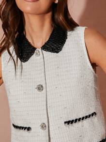 Enchnt Spring/Winter Romantic Women's White&Black Contrast Color Exquisite Faux Pearl Button Decor Sleeveless Vest Jacket And Skirt Tweed Set,Sweet&Elegant Two Pieces Outfit For Valentine's Day&Christmas Party&New Years&Birthday&Holiday &Sweet Date Night&Daily Commuting - White - View 7