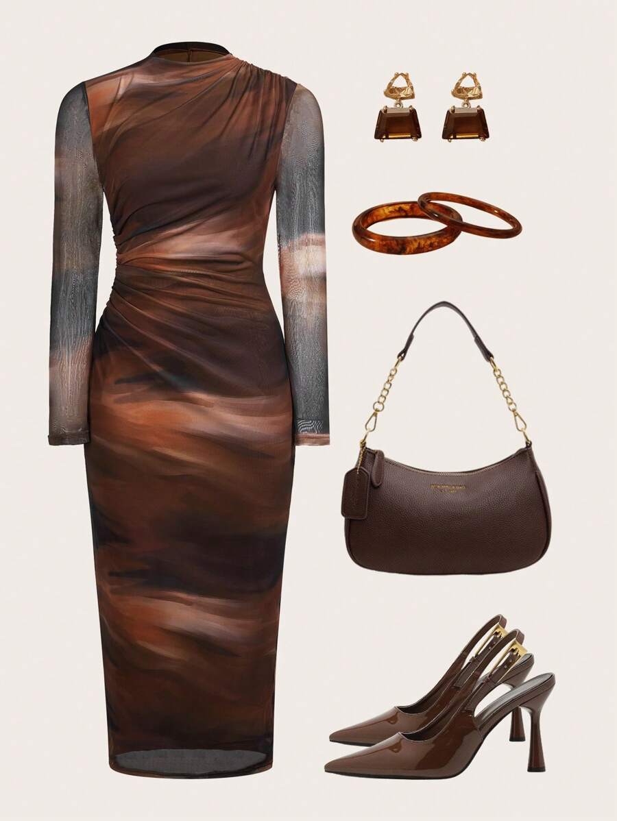 Ellevyn Đầm ôm tay dài xếp ly in họa tiết nhuộm lưới cổ đứng cho nữ - Nhiều màu - Xem 1