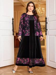 Modelyn Vestido largo de manga larga con estampado de malla, parche de terciopelo en estilo árabe para mujer de talla grande, vestido de noche largo