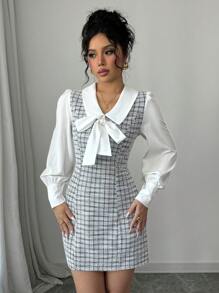 撞色拼布蝴蝶结二合一优雅浪漫女士连衣裙 - 黑與白 - 查看 5
