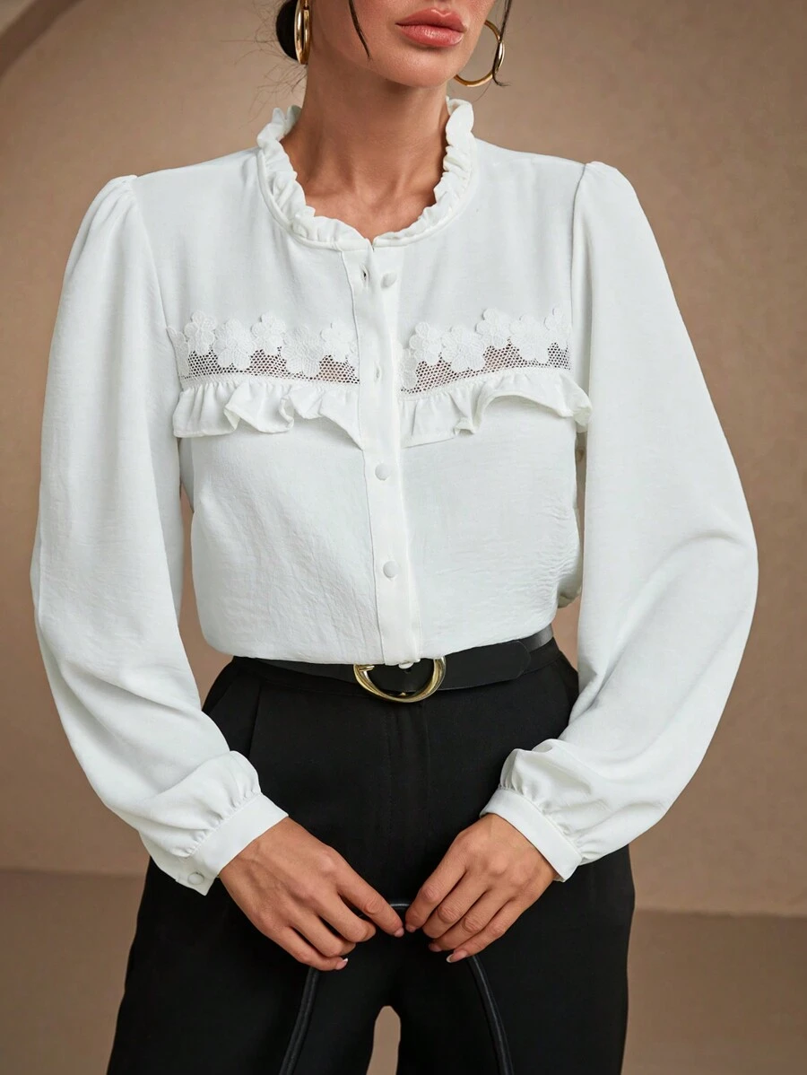 EURMUSE Women's Solid Color Ruffle Hem Long Sleeve Elegant Blouse, Autumn - White - View 1