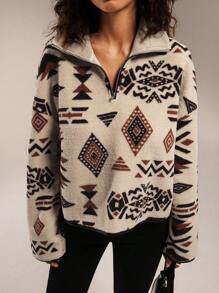 Forever 21 Women Geometric Pattern Drop Shoulder Long Sleeve Fleece Jacket, Autumn - Apricot - View 3