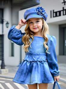 2pcs Baby Girls' Ombre Square Collar Long Sleeve Top And Elastic Waist Skirt Set