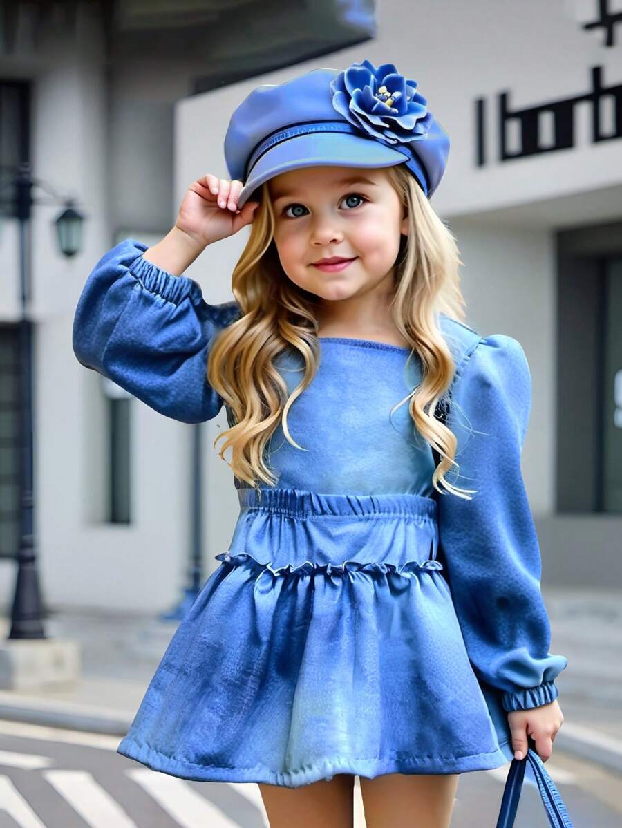 2pcs Baby Girls' Ombre Square Collar Long Sleeve Top And Elastic Waist Skirt Set