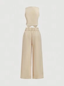 SHEIN MOD Plus Size Women V-Neck Single-Breasted Vest Jacket And Suit Set,Valentine's Day - Apricot - View 2