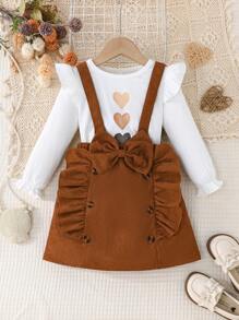 2pcs Girls Heart Print Cap Sleeve Long Sleeve T-Shirt With Suspender Skirt Suit Set, Autumn/Winter