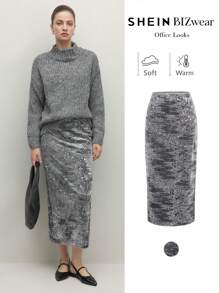 BizChic Sequin Fashionable Skirt, Grey Color Backsllit Hem Party Skirt, Office Wear For Women, Spring/Summer, Suitable For Christmas Party, Holiday, Thanksgiving