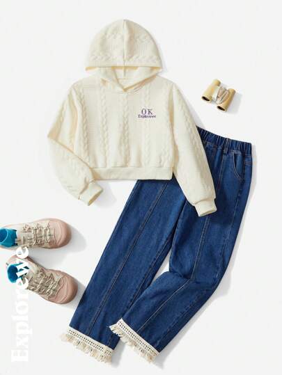 SHEIN 2 Pieces Urban Casual Style Tween Girls Set: Cozy Texture Fabric Hooded Long Sleeve Sweatshirt And Fringed Hem Denim Long Pants Outfit, Suitable For City Outdoors, Everyday Wear, Parties And More In Autumn/Winter