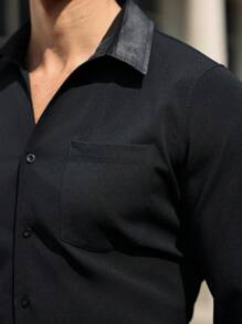 Manfinity Mode Men's Solid Color Button Front Long Sleeve Pocket Casual Shirt - Black - View 3