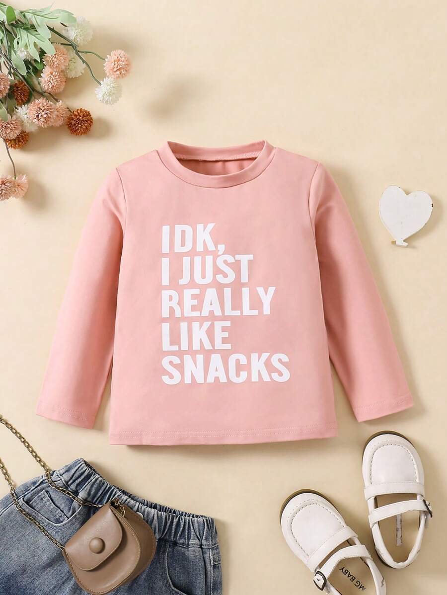 女童休闲字母印花圆领长袖 T 恤，春/秋/冬 - 紅色 - 查看 1