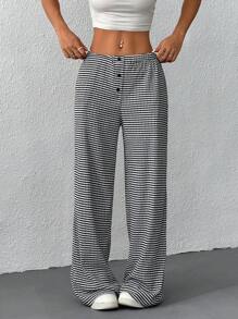 Comfortcana Women's Button Decor Pocket Striped Straight Leg Loose Casual Pants - Black - View 4