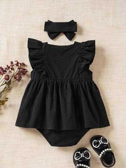 Souflis Souflis Baby Girls' Yellow Lace Ruffle Bodysuit With Headband, Spring/Summer Casual And Cute Bodysuit