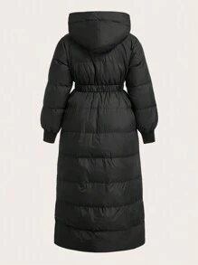 SHEIN EZwear Abrigo acolchado con capucha, cintura con cordón, unicolor, casual, talla grande, para invierno