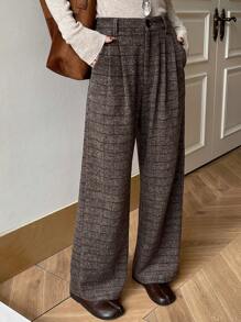 DAZY Pleated Wide Leg Floor Length Plaid Pants For Women,Fall Clothes