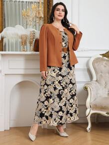 Modelyn Bộ 2 món cho nữ ngoại cỡ: Áo khoác tay bồng một hàng khuy trơn màu và váy họa tiết hoa Paisley, trang phục thu thanh lịch - Nhiều màu - Xem 1
