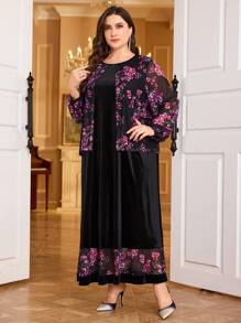 Modelyn Vestido largo de manga larga con estampado de malla, parche de terciopelo en estilo árabe para mujer de talla grande, vestido de noche largo